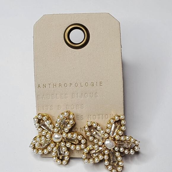 Anthropologie Pearl Beaded Flower Stud Earrings New With Tags "1 - Picture 1 of 8